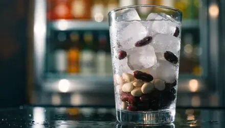 Close-up of a glass packed with ice and mixed coffee beans under the Cool Beans theme — 2K Quad HD PC desktop wallpaper/background with blurred bar shelves in the background.