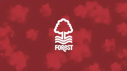 Nottingham Forest F.C. white tree-and-river logo centered on a textured red background, labeled as a 2K Quad HD PC desktop wallpaper and background.