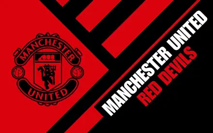 Manchester United F.C. crest on a red and black diagonal background with bold MANCHESTER UNITED RED DEVILS text — 2K Quad HD PC desktop wallpaper.