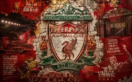 4K Ultra HD PC desktop wallpaper of Liverpool F.C. crest with Liverbird and You'll Never Walk Alone banner on a textured red background with club emblems and founding date.