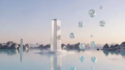 Abstract geometric landscape with a tall reflective monolith rising from calm water, floating polyhedral shapes and rocky horizon — 4K Ultra HD PC desktop wallpaper background.