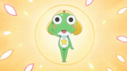 Sgt. Frog (Keroro) cartoon frog saluting on a warm yellow glowing background with floating petals — 4K Ultra HD PC desktop wallpaper/background.