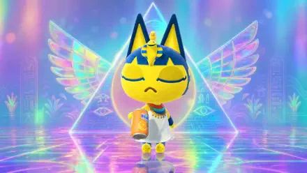 Ankha the cat in a vibrant 4K Ultra HD PC desktop wallpaper and background: Egyptian-themed feline with gold accents, glowing wings, neon pyramid and reflective floor.
