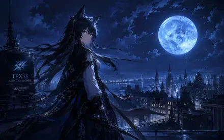 4K Ultra HD PC anime desktop wallpaper: Texas (Arknights) on a rooftop beneath a glowing full moon, dark cityscape and swirling night sky behind her.