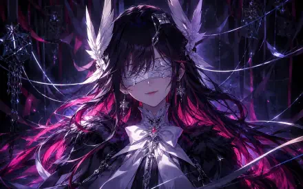 Columbina (Genshin Impact) anime portrait: blindfolded, dark ethereal woman with flowing black and magenta hair, glowing purple highlights — 4K Ultra HD PC desktop wallpaper/background.