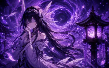 Columbina (Genshin Impact) anime 4K Ultra HD PC desktop wallpaper/background — lone figure in flowing gown, long dark hair and feathered headpiece before a swirling purple vortex and glowing lantern.