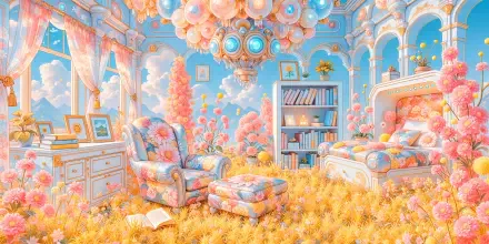 Pastel interior with a plush sofa and ottoman, ornate chandelier, filled bookshelf and fluffy floral carpet in a dreamy room — 4K Ultra HD PC desktop wallpaper and background