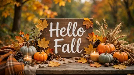 4K Ultra HD desktop wallpaper: wooden Hello Fall sign surrounded by pumpkins, candles, pine cones, dried grasses and autumn leaves as cozy fall decor