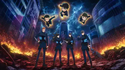 Thunder 3 Sanda anime group: team in blue-accented suits stands in a burning city as three members hover amid lightning — 4K Ultra HD PC desktop wallpaper/background.