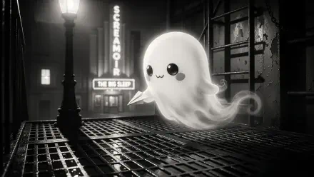 Cute cartoon ghost floating above a wet city grate at night, glowing with big eyes — 4K Ultra HD PC Desktop Wallpaper and Background.