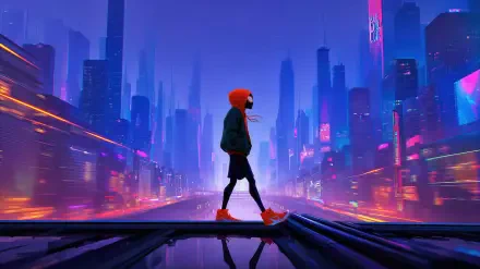 Miles Morales' Spider-Man in a red hoodie and sneakers walking along elevated tracks under a neon-lit futuristic skyline — 4K Ultra HD PC desktop wallpaper.