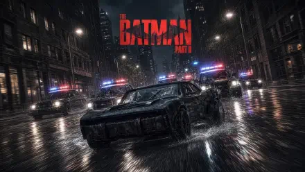Moody digital art 4K Ultra HD PC desktop wallpaper: Batman and Batmobile cut through rainy neon city streets at night, police lights glinting on wet asphalt.