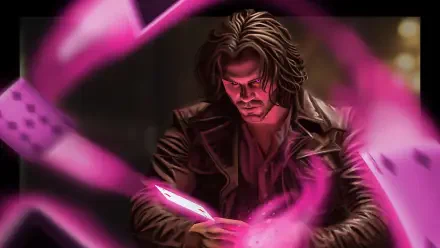 4K Ultra HD digital art PC wallpaper of Gambit (Marvel Comics) charging a glowing pink playing card as magenta energy swirls around him, trench coat and focused expression.