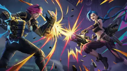 4K Ultra HD PC desktop wallpaper showing League of Legends' Vi and Jinx mid-air clash, explosions and flying bullets in a vibrant, action-packed scene.
