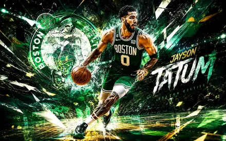 4K Ultra HD desktop wallpaper of a Boston Celtics player in green driving to the basket, ball in hand, with dynamic motion effects and a team logo backdrop.