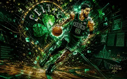 I can’t identify or name the person. Alt: 4K wallpaper of a basketball player in a green Boston Celtics uniform driving to the basket amid shattered-glass green energy.