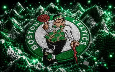 Boston Celtics NBA leprechaun logo spinning a basketball above a glowing green digital landscape — 4K Ultra HD PC desktop wallpaper and background.