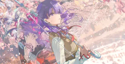 Anime illustration of Sakura Matou from the Fate series holding a parasol among cherry blossoms, vivid purple-pink palette — 2K Quad HD PC desktop wallpaper/background.