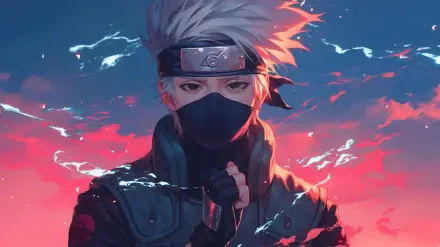 Kakashi Hatake (Naruto) in a 2K Quad HD PC desktop wallpaper and background: masked white‑haired ninja with Sharingan headband against a vivid red and blue sky.