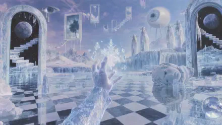 4K Ultra HD PC desktop wallpaper: a moonlit ice realm where a glowing rabbit casts crystalline ice magic across a reflective checkerboard floor, with frozen towers and a distant moon.