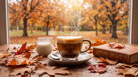Espresso Fall 5K Ultra HD PC desktop wallpaper: steaming espresso cup and milk jug on a windowsill, autumn leaves scattered, golden fall trees visible outside.