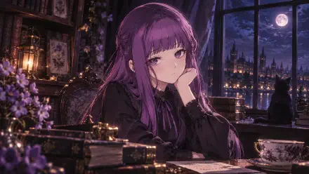 Anime 2K Quad HD PC desktop wallpaper of Frieren (Frieren: Beyond Journey's End): purple-haired sorceress at a moonlit desk, books and city lights beyond a riverside window.