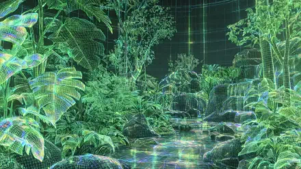 4K Ultra HD PC desktop wallpaper background: holographic jungle landscape with dense greenery, tropical forest foliage and a glowing stream rendered in neon wireframe.
