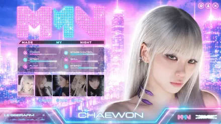 5K Ultra HD PC desktop wallpaper: silver‑haired K-pop idol portrait set in a neon cyberpunk city, Overwatch 2–style HUD elements, thumbnail photo strip and a prominent name plate.
