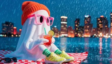 Cute ghost in pink sunglasses and orange beanie, green sneakers, sipping a cocktail on a picnic blanket by a rainy city skyline — 2K Quad HD PC desktop wallpaper