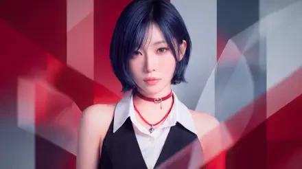 Close-up portrait of a blue-haired K-pop model wearing a choker and black vest against a red-gray geometric background — 5K Ultra HD desktop wallpaper.