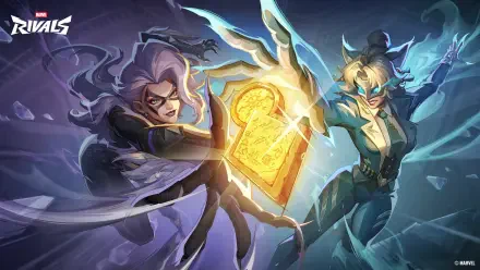 Marvel Rivals video game 4K Ultra HD PC desktop wallpaper: two costumed heroes clash over a glowing key-shaped artifact amid stormy, crackling energy.