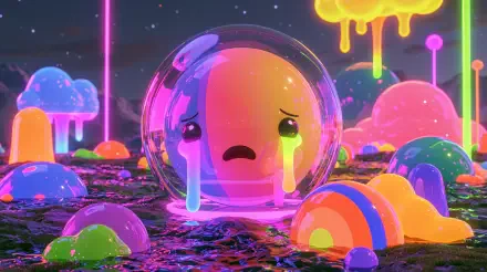 Neon sad emoji in a glass bubble with rainbow tears, surrounded by glowing candy mounds and dripping neon shapes — 2K Quad HD PC desktop wallpaper and background.
