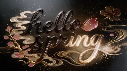 2K Quad HD PC desktop wallpaper featuring glossy hello spring lettering, pink blossoms, gold swirls and sparkling accents on a dark, shimmering background.