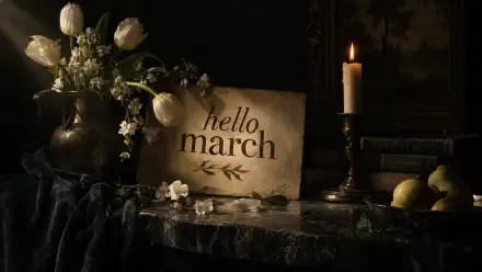 4K Ultra HD still-life desktop wallpaper: dimly lit table with white tulips and blossoms, a handwritten hello march sign, a burning candle and stacked books.