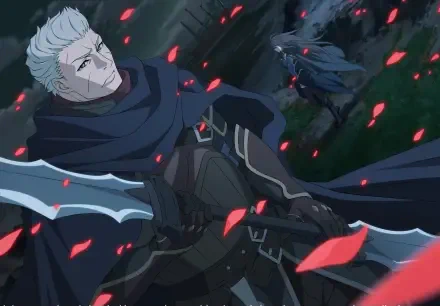 Anime 2K Quad HD PC wallpaper: cloaked mercenary swordsman in foreground, witch with raven in the shadowed background as red petals drift through the scene.