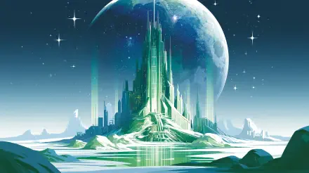 Futuristic green sci-fi castle-city rising from icy plains beneath a huge moon and starry sky — 2K Quad HD PC desktop wallpaper and background.