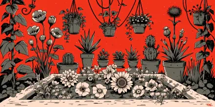 2K Quad HD PC desktop wallpaper showing a stylized flower garden—potted plants, succulents, cacti and blooming flowers on a bold red background.