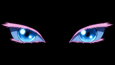 Anime close-up of Akaza's eyes from Demon Slayer: vivid blue irises with pink lashes against a black void — 5K Ultra HD PC desktop wallpaper and background.