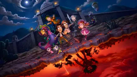 La Venganza del Charro Negro 4K Ultra HD PC desktop wallpaper: moonlit kids and creatures on a cracked plaza, above a fiery underworld reflection forming the Charro Negro silhouette.