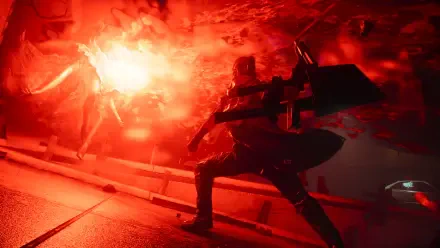 4K Ultra HD desktop wallpaper: Dylan Faden from Control Resonant — a soldier wielding a weapon amid a blistering red explosion.