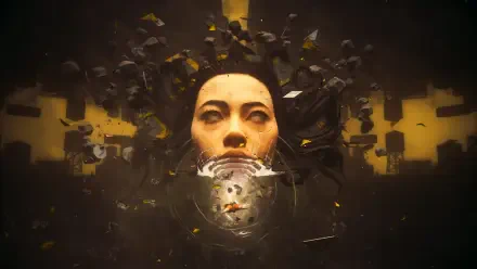 Control Resonant: surreal HD PC desktop wallpaper of a woman's portrait — a floating face amid fractured dark shards and a mirrored liquid mask.