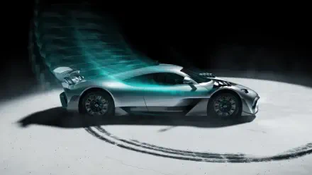 Silver Mercedes-Benz AMG hypercar with teal light trail and circular tire skid marks on a dark background — 4K Ultra HD PC desktop wallpaper.
