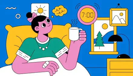 2K Quad HD PC desktop wallpaper: colorful illustration of a woman waking up in bed with coffee, a 7:00 alarm clock, sun and framed art in a bright bedroom.