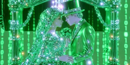Sparkling green fashion portrait of a married couple forehead-to-forehead at a marriage ceremony — stylized 2K Quad HD PC desktop wallpaper and background.