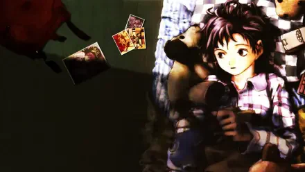 HD PC desktop wallpaper showing Lain Iwakura from Serial Experiments Lain lying on a bed clutching a teddy bear, with scattered photos and a dark, moody background.