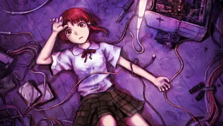 4K Ultra HD PC desktop wallpaper: Lain Iwakura from Serial Experiments Lain — an anime girl in a school uniform lying among tangled cables and vintage electronics on a purple floor.