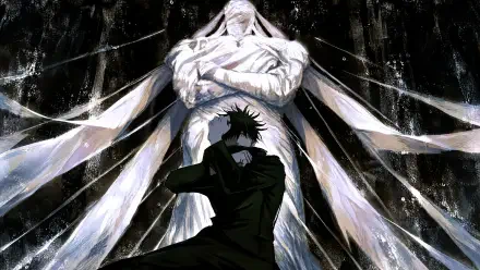 Megumi Fushiguro in silhouette as the monstrous Mahoraga looms behind him, dark high-detail 4K Ultra HD PC desktop background from Jujutsu Kaisen.