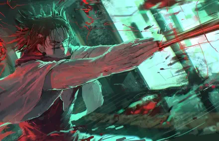 4K Ultra HD PC desktop wallpaper: Choso (Jujutsu Kaisen) in anime style, drawing a bow as red arrows streak across a teal-lit, motion-blurred battlefield.