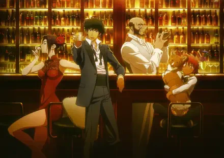 Cowboy Bebop 4K Ultra HD PC desktop wallpaper: Spike Spiegel at a warmly lit bar with Faye Valentine, Jet Black and Edward, amber bottles lined on back shelves.