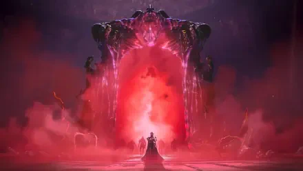 4K Ultra HD PC wallpaper: robed figure faces a towering crimson demon portal from Fire Emblem: Fortune's Weave, red mist and jagged arches framing the abyss.